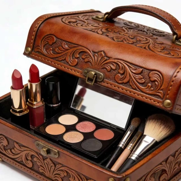 Hand Tooled leather makeup case