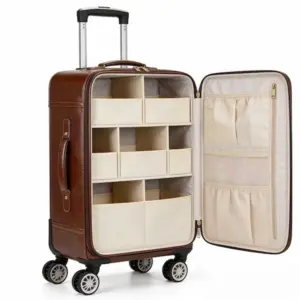 PU Leather Rolling Trolley Organizer Case with Compartments